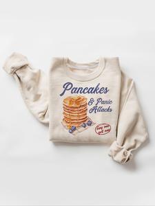 women's letter & pancakes print drop shoulder sweatshirt, casual long sleeve round neck pullover for fall & winter, ladies clothes for daily wear