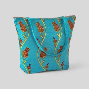 Authentic Kilim Fabric Ottoman Tulips Design Purse with Handles, Turkish Carpet, Beach Bag, Tote, Reusable Shopping Bag -- Turquoise/Gold