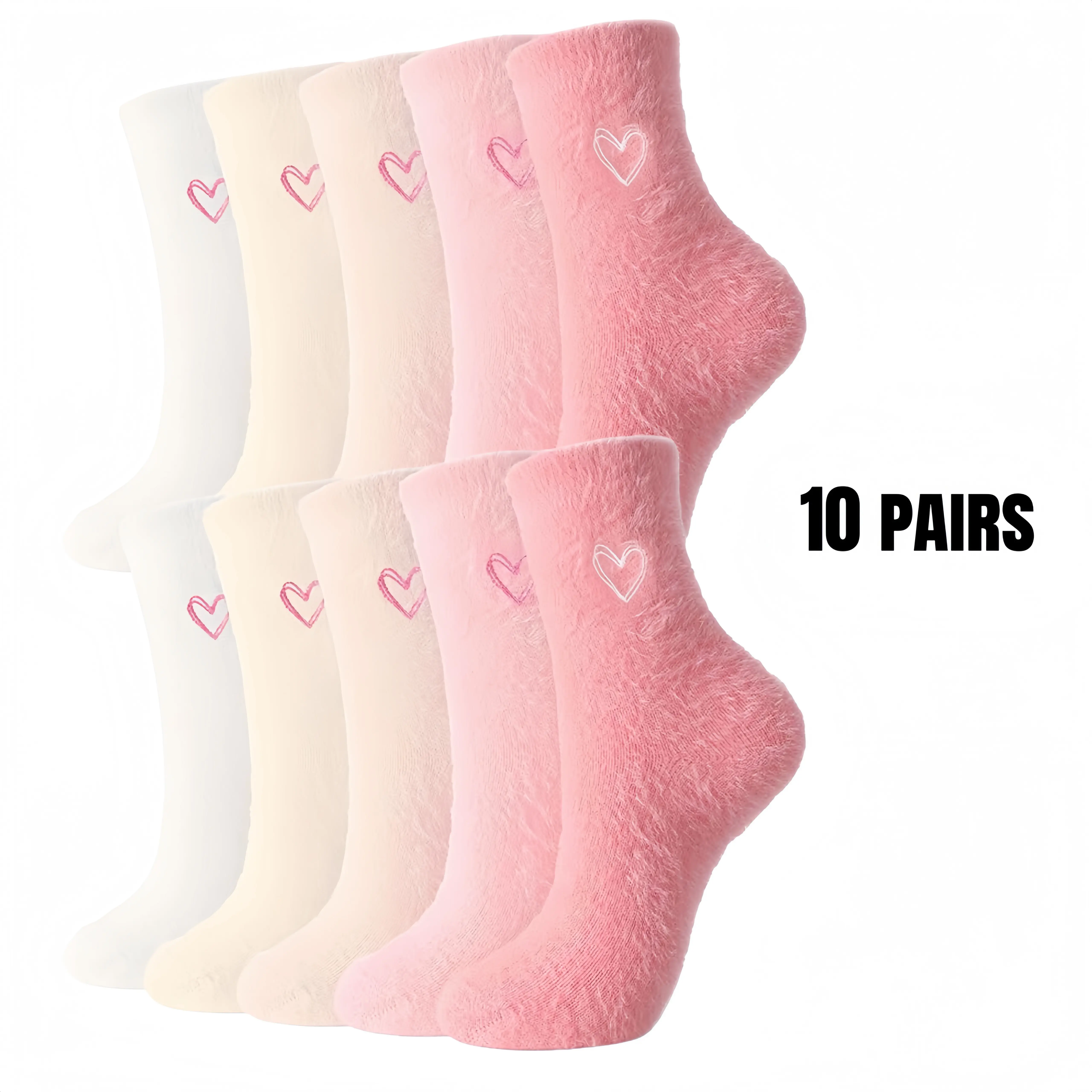 Women's 10 Pairs Feminine Heart Fur Socks - Soft, Fluffy Mid-Calf Warm Slipper Socks for Valentine's Day Gifts, Cashmere-Blend