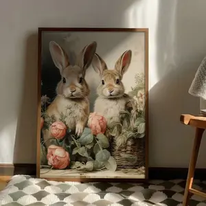 Vintage Rabbit Canvas Painting, Gold Frame Peony Floral Artistic Wall Decor, Perfect for Bedroom Office Easter Farmhouse, No Frame Included