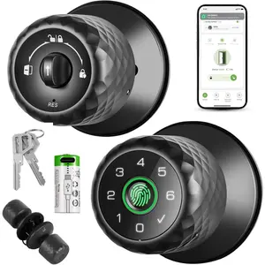 Fingerprint Keypad Door Lock,  Biometric Door Knob Support 15M App Control & Auto Lock, 4-in-1 Upgraded Door Lock with 2Keys for  Office Apartment, Black (Diameter 2.28")