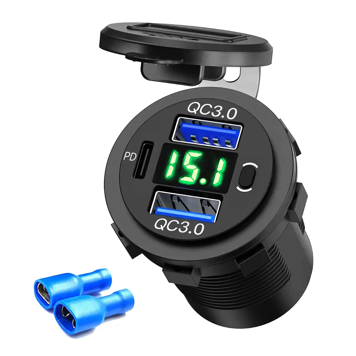 Dual USB Quick Charge 3.0 Port & PD USB C Car Charger Socket, 12V USB Outlet with Voltmeter and Power Switch for Car Boat Marine Truck Atv Rv