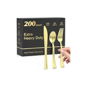 200 Count Heavy Duty Gold Plastic Silverware, 100 Forks, 50 Spoons, 50 Knives, BPA-Free, Heat Resistant, Disposable Gold Plastic Utensils Set, Gold Plastic Cutlery Set, Plasticware Bulk