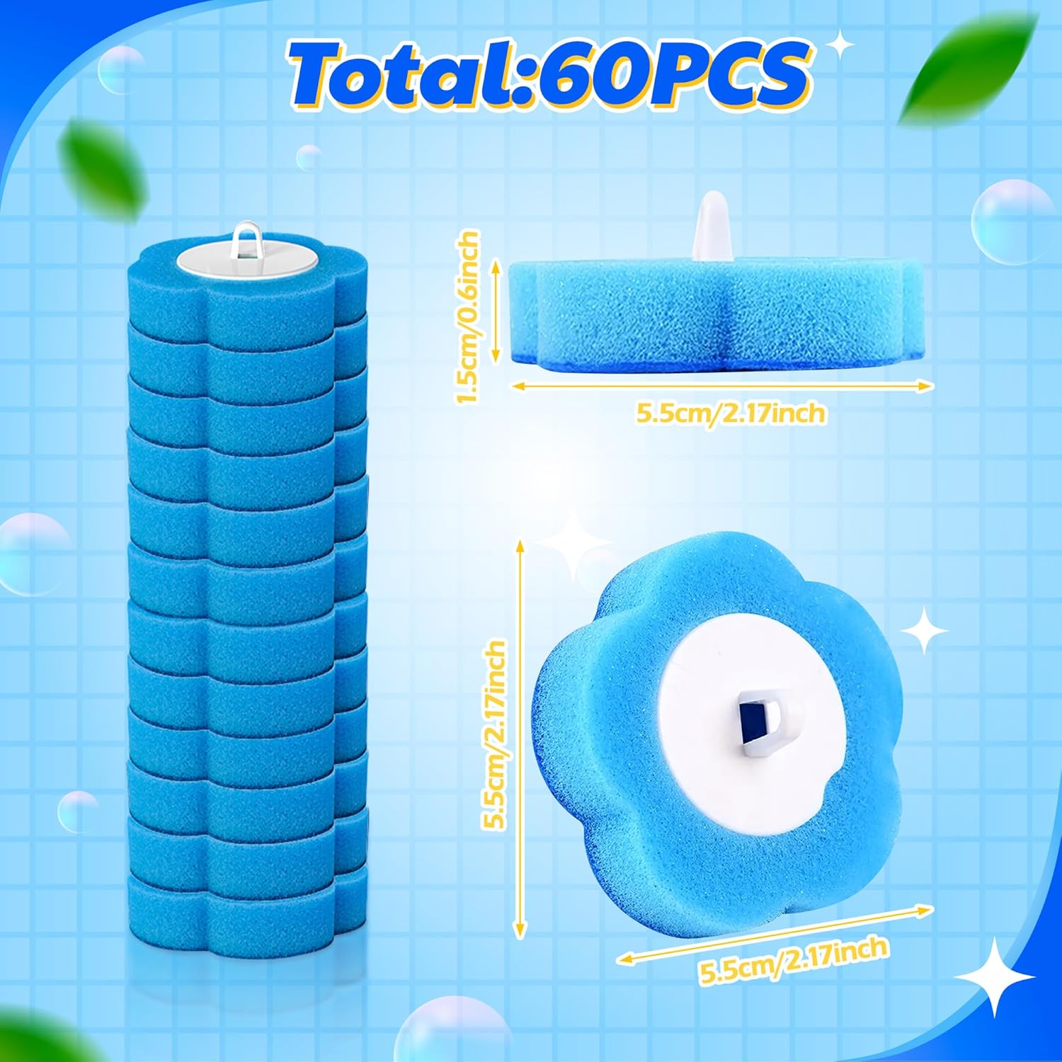 Toilet Bowl Wand Refills - 60 Count Disposable Replacement Brush Heads, Household Bowl Cleaners Refill Pads, Toilet Sponge Brush Scrubbers Cleaning Supplies for Home Washing Bathroom Bathtub