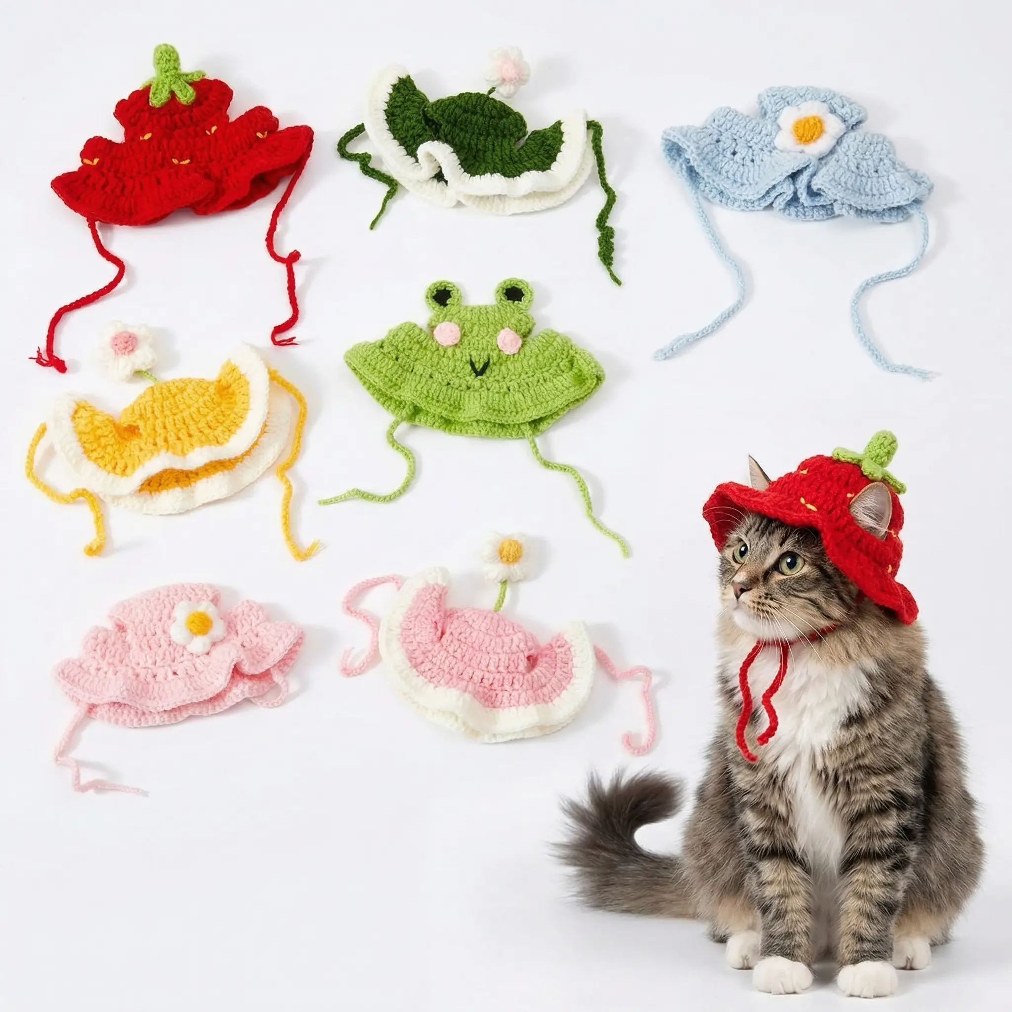 4PCS Handmade Knitted Cartoon Shapes Pet Hats - Soft Polyester Fabric, Adjustable Strap, Universal for Small Cats & Puppies, Ideal for Halloween, Daily Wear, Photo Use
