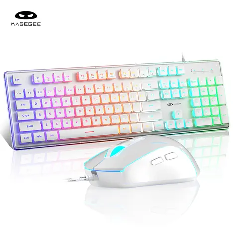 MAGEGEE GK970 Wired Ergonomic Gaming Keyboard and Mouse Combo for Gamer Stuff, 104-Keys White Pudding Keycaps, Silent Color Changing RGB Keyboard, 6-Speed RGB Mouse, Compatible with Personal Computers, Windows, Mac Laptops