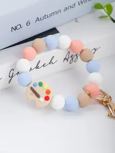 Art Teacher Silicone Beaded Keychain Wristlet, Rainbow Crayon & Paint Palette Charm, Anti-Lost Wrist Strap, Ideal Teacher Gift