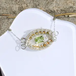 Evil Eye Peridot & Yellow Tourmaline Necklace – Sterling Silver Wire Wrapped Pendant – Handmade Crystal Jewelry Gift