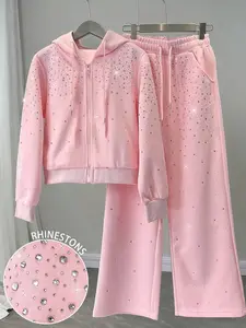 Women's Autumn Rhinestone Embellished Zip-Up Hoodie And Drawstring Pants Casual 2 Pieces Set