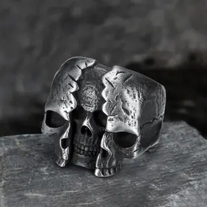 GTHIC Vintage Two-Face Skull Stainless Steel Ring for Men Women Statement Jewelry Daily Wear