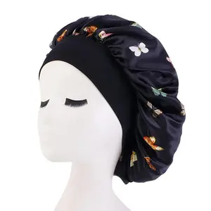 Women's New Style Satin Face Mesh Butterfly Print Haircare Bonnet, Fashion Sleep Hair Cap