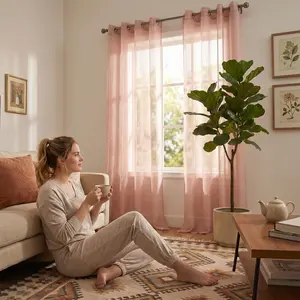 2 panel 52x95 inches Vintage Stylish Slub Bamboo Yarn Semi-Sheer Set, for Bedroom & Living Room, Compatible with L12 Curtain Track Window Shades,summervibes