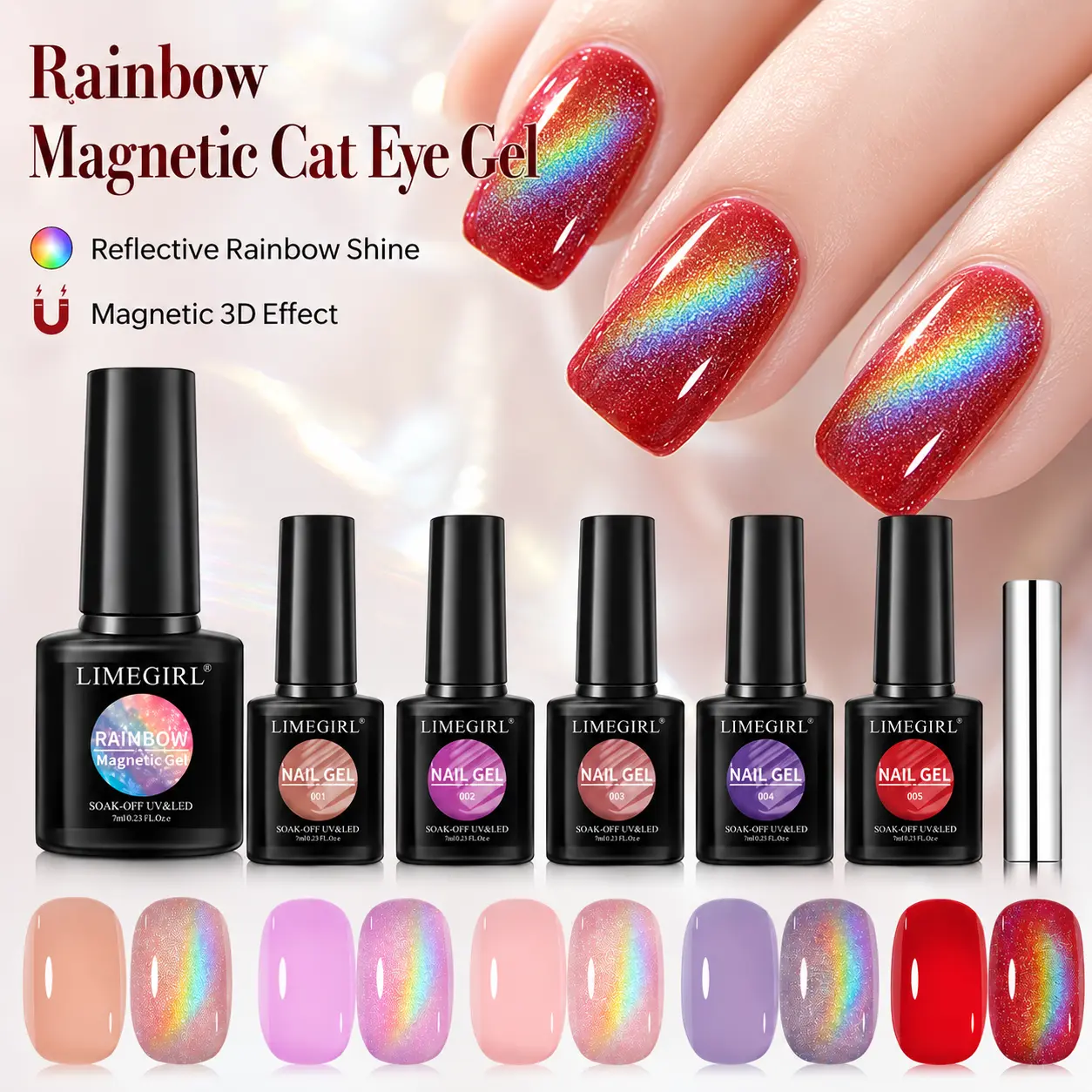 Six Bottle Rainbow Magnetic Cat Eye Gel Nail Set Base Color Gel One Rainbow Magnetic Gel With Magnetic Off UV LED Cured For Fingernail Home Party Holiday DIY Salon Manicure Nail Art Supplies