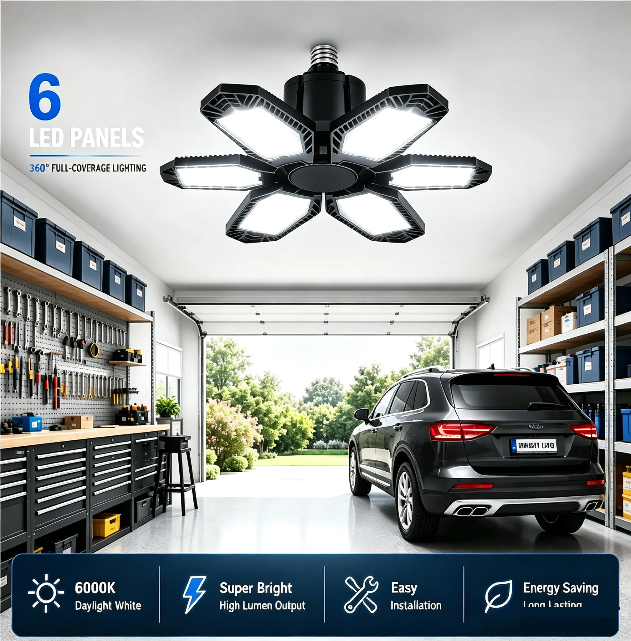 6-Panel Foldable Deformable Energy Efficient Garage Light, Abs&pc Bright Indoor Use Shop Ceiling Bulb Lamp, Pendant >80 True Color Barn Warehouse Work Light with Easy Installation
