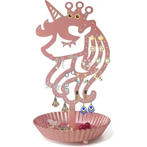 Unicorn Earring Holder Organizer Decor Stud Earrings Tree 81 Holes, Earring Display,Metal Earring Storage Stand with Tray  for Teens Girls  Women (Pink)