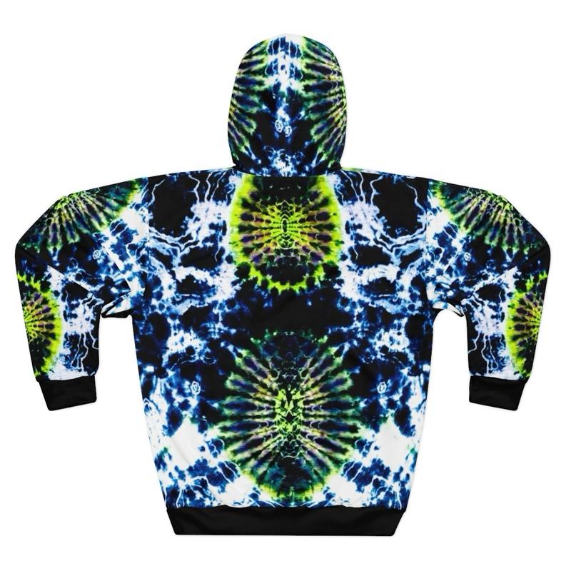 Black and White Tie Dye Print Hoodie with Highlight Yellow Cell Shape Designs for Trendy Comfort