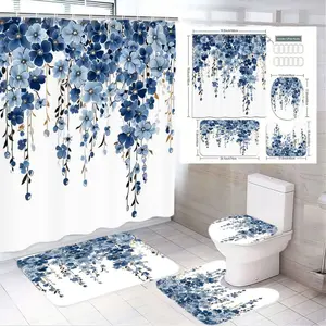1/4pcs Elegant Blue Floral Bathroom Decor Set - Soothing Watercolor Wisteria Shower Curtain with Matching Toilet Lid Cover, Bath Mat & Contoured U-Shaped Mat - Modern Farmhouse Style for Seasonal Refresh in Your Home