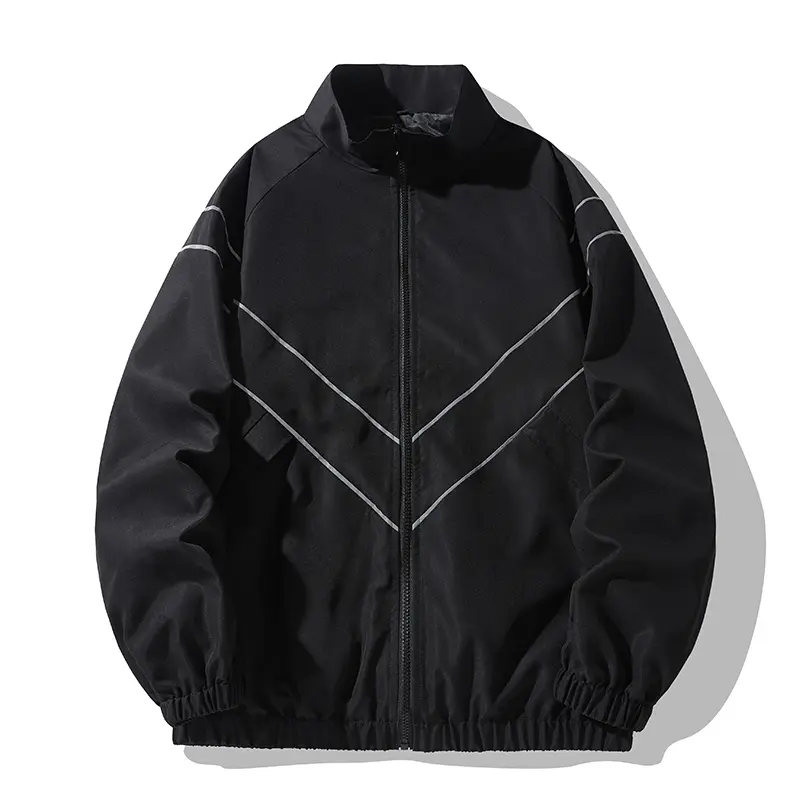 Men’s stand-collar casual sports jacket, black minimalist design with reflective V-shaped stripes at the chest, zip closure, ribbed cuffs and hem, windproof and warm, suitable for spring and autumn, ideal for everyday commuting or athletic wear., Tops, Lo