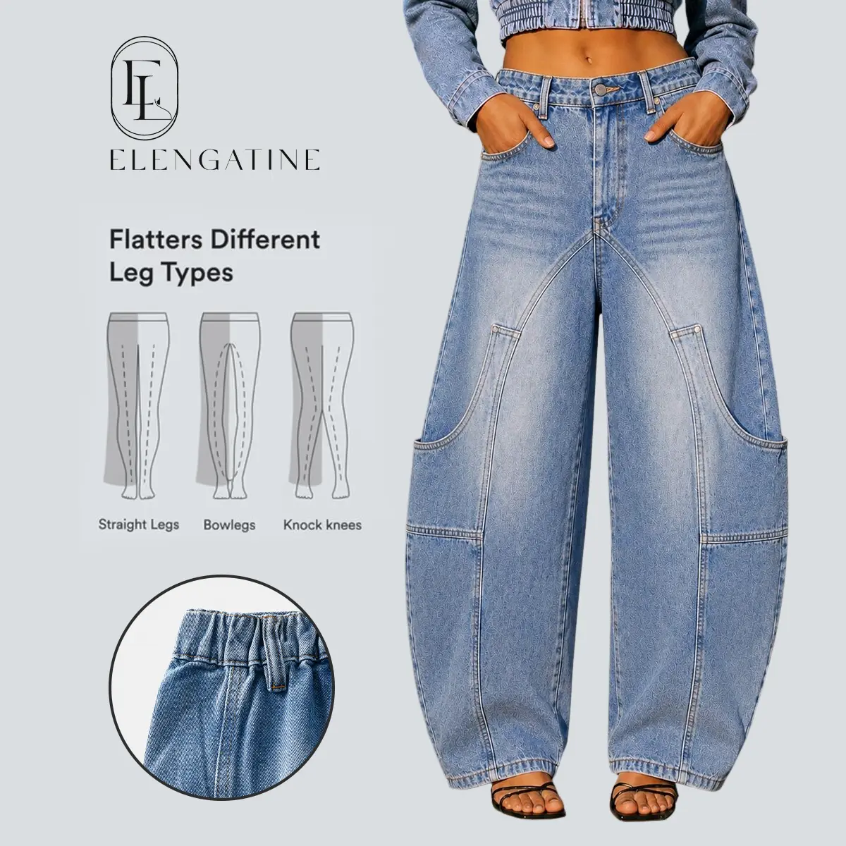Elengatine Women's High-Waisted Barrel Jeans, Light-Wash Baggy Wide-Leg Denim Pants with Oversized Patch Pockets, Seamed Panel Design and Elastic Back Waist, Casual Y2K Streetwear Jeans for Travel, Weekend, Daily Wear, Going Out and Trendy Fall OOTD Looks