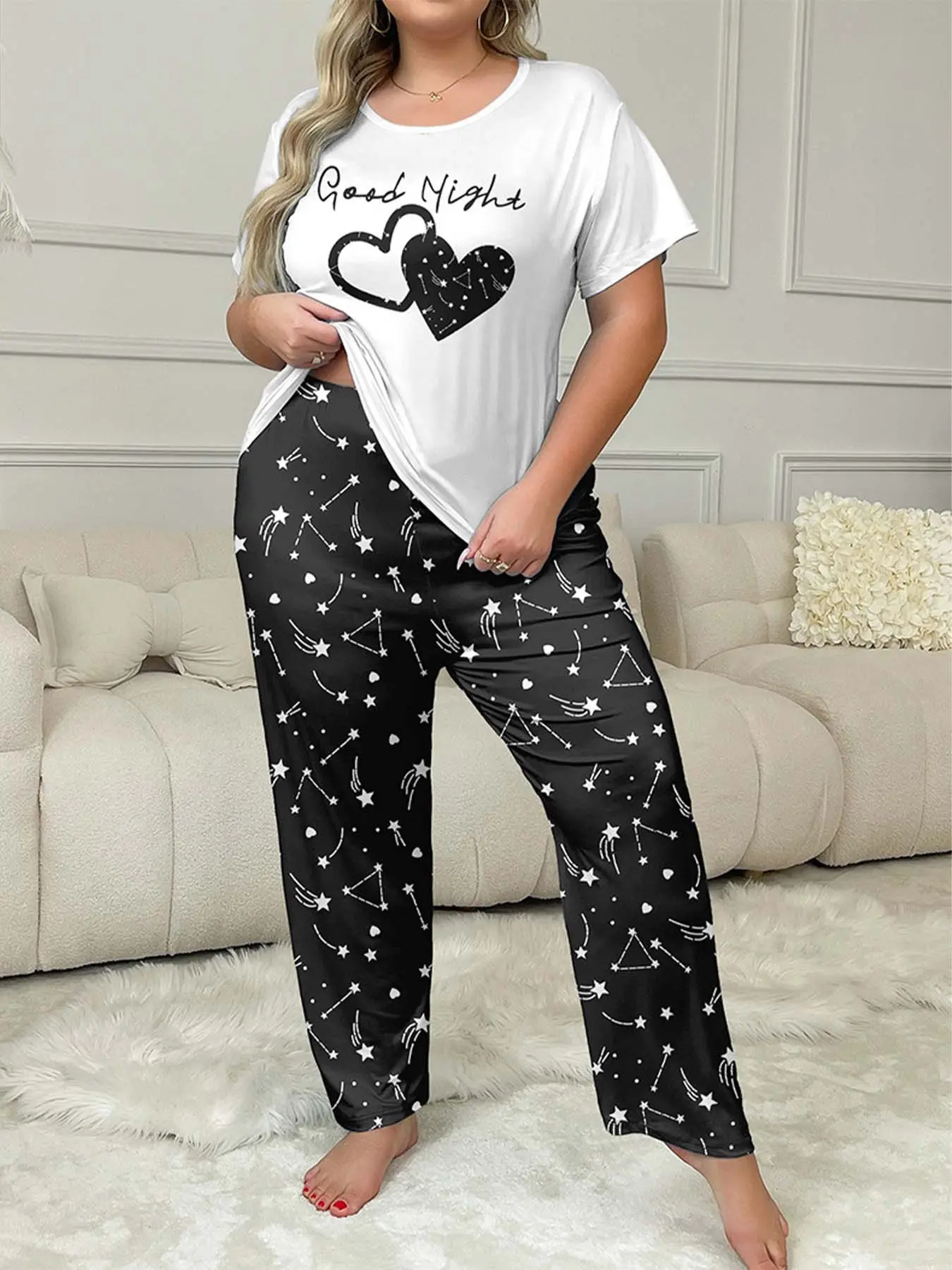 Casual Plus-Size Home Wear Set Featuring Starry Sky Design, with A Heart-Shaped Collar and Short Sleeves, Suitable for Women, Including A Long Pair of Pants Loungewear Pajama Nightwear Womenswear Homewear Pyjamas