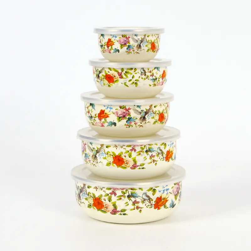 Thickened sealed enameled bowl with lid — refrigerator freshness bowl, portable set (5-piece or 3-piece), includes soup bowls and rice bowls
