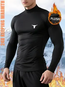 1-Pack Men’s Thermal Base Layer Top – Fleece-Lined Compression Shirt with “Bull” Print, Warm Stretch Tech Fleece Fabric for Cold-Weather Running, Skiing, Hiking & Winter Outdoor Training