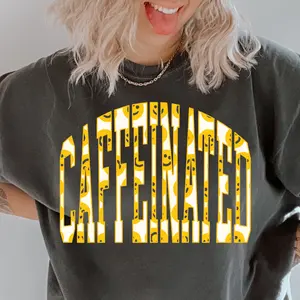 Caffeinated Smiley Tee, Oversized Caffeinated Shirt, Coffee Graphic Tee, Comfort Color Shirt, Womens Oversized Shirt