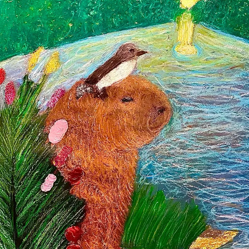 “Capybara and Bird” Drawing, Artwork