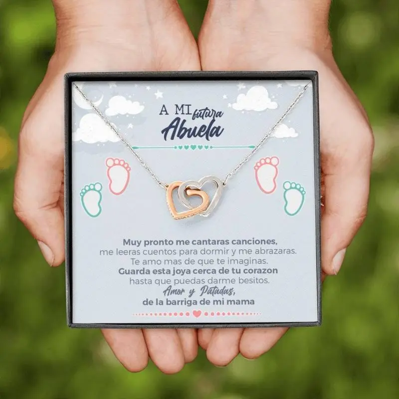 A Mi Futura Abuela Interlocked Heart Necklace - Personalized Pregnancy Reveal Gift with Custom Message Card and Gift Box