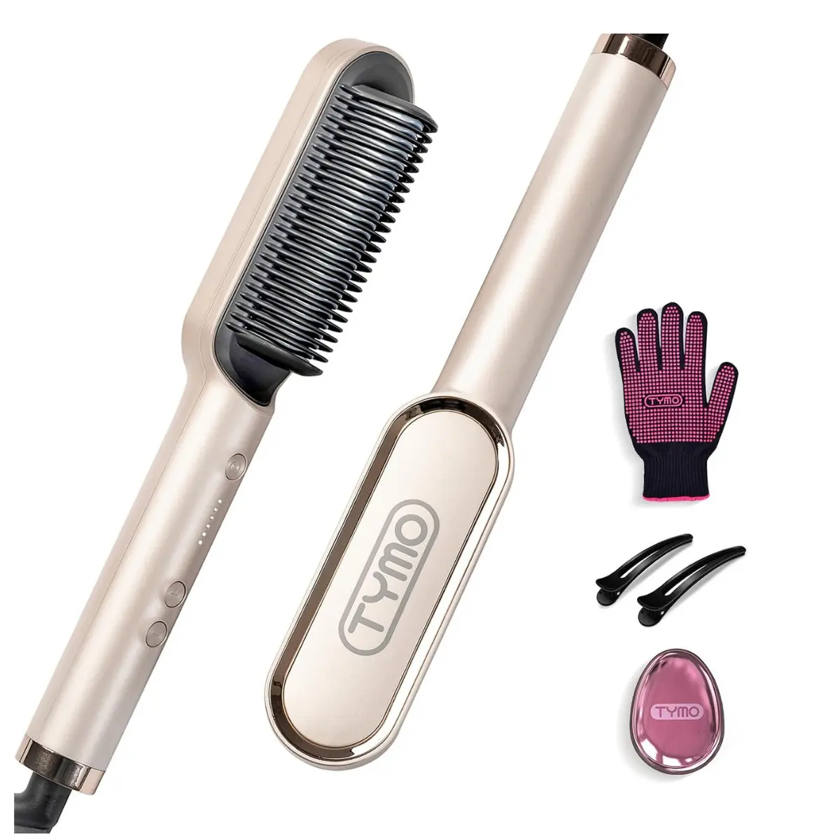 TYMO Gold Hair Straightener Brush for Women - 5 Temp Settings, 20s Fast Heating, Dual Voltage