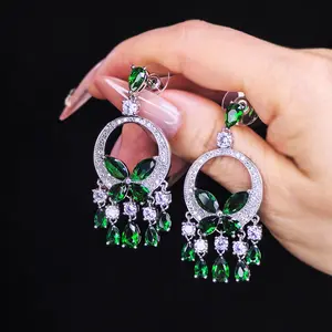 Green Butterfly Tassel Drop Earrings, Large Teardrop Inlaid Cubic Zirconia Dangle Earrings, Elegant Bridal Wedding Party Fashion Jewelry Gift For Women