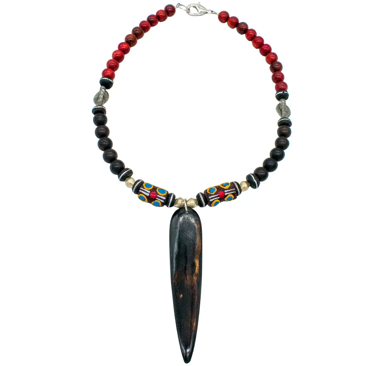 African Maroon, Brown Wood Bead and krobo bead Necklace | Cloth and Cord