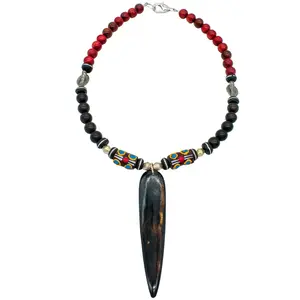 African Maroon, Brown Wood Bead and krobo bead Necklace | Cloth and Cord