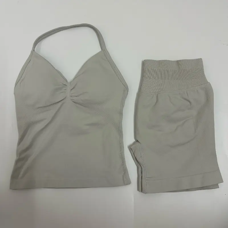 Women's 2-Piece Cotton Fabric Fitness Set, Seamless Backless Tank Top, High Waist Scrunch Shorts, Athleisure Wear for Yoga, Gym Outfit, Womens Fitness, Fitted, Outdoor, Ribbed Two-Piece Women's Sportswear Set, Crop Top Activewear