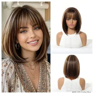12-inch gradient brown wig with highlights, bob cut with air bangs, short straight hair, natural and realistic synthetic fiber, full head wig for daily and holiday use