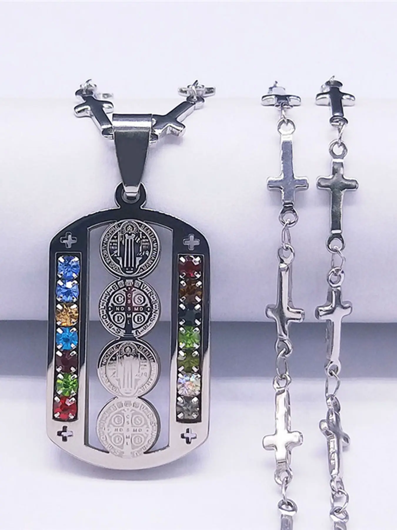 Stainless Steel Crystal Catholicism Saint Benedict Jesus Faith Style Necklaces Necklets Religious Faith Pendant, Women/Men Cross Chain Necklace cruz colgante