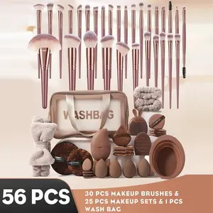 65PCS Makeup Tools Set:1pc Cosmetic Bag Waterproof,30PCS Makeup Brush Set,4PCS Makeup Sponges,12PCS Powder Puffs,1pc Hairband,2PCS Hand Bowl Strap,2PCS Facial Clean tool,2PCS Brush Cleaning Tools,1pc Silicone Soft Hair Facial Tool,1pc Facial Ice Compress