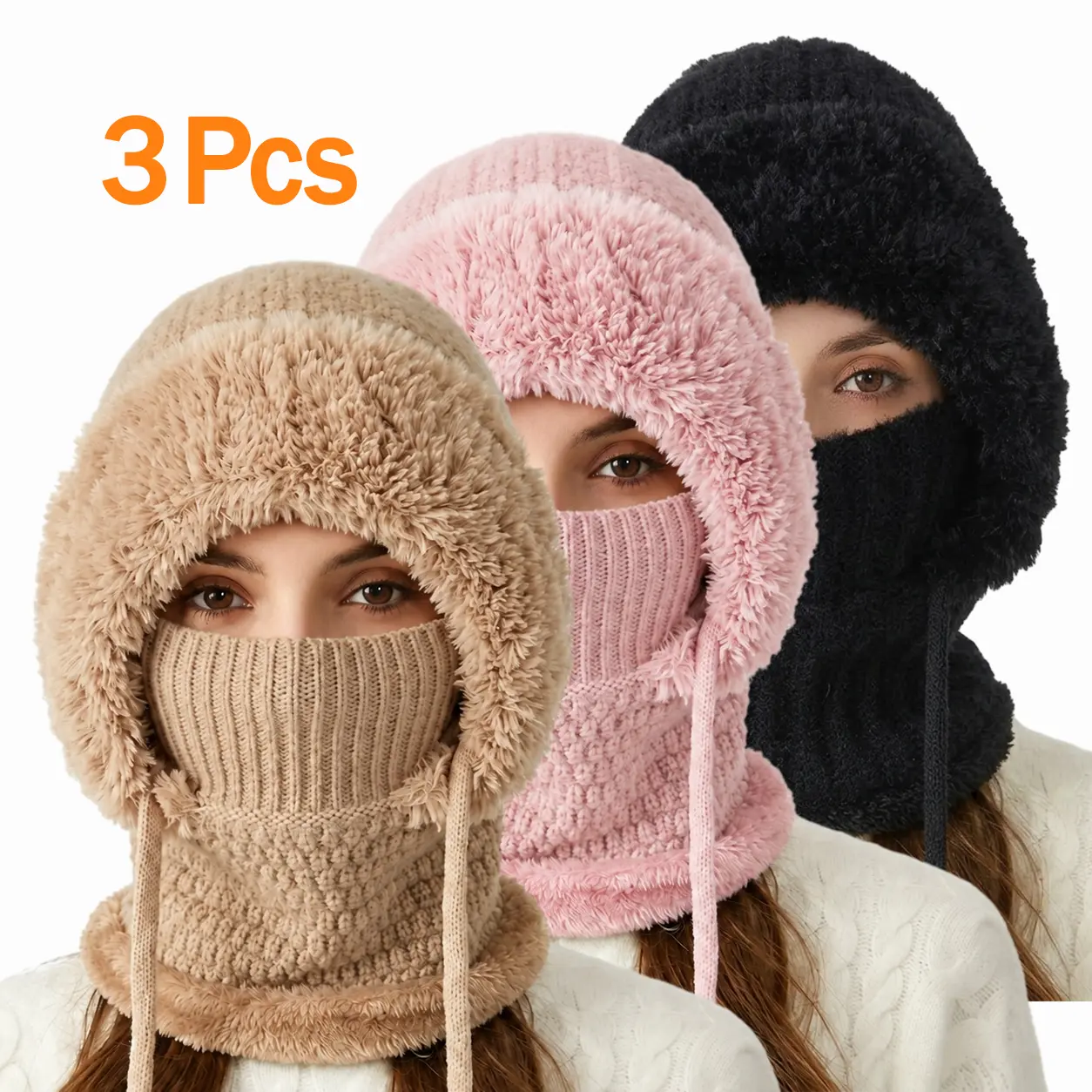 3Pcs Winter Ladies Plush Hat - Three-in-One Warm Plush Hat with Adjustable Drawstring, Simple Cozy Design for Daily Shopping, Holiday Travel, Perfect Gift