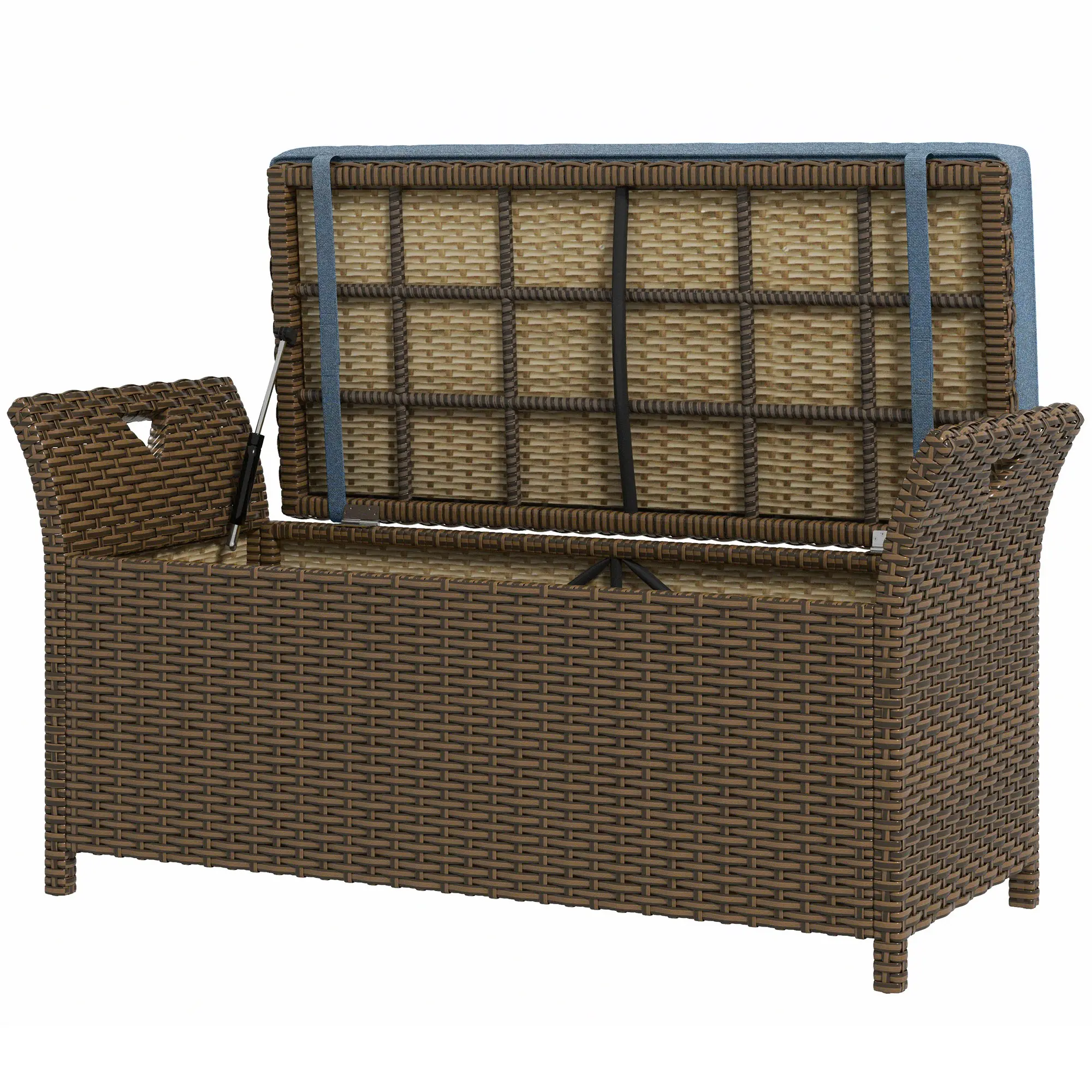 Indoor-Outdoor Wicker Storage Bench - 2-In-1 Multipurpose Rattan Outdoor Furniture, 29 Gal Storage Box with Cushion, Dark Blue, Indoor-Outdoor Storage Benches, Multipurpose Storage Benches