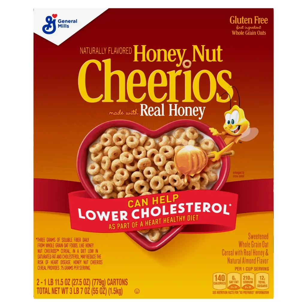 General Mills Honey Nut Cheerios Breakfast Cereal - 2-Count, 27.5 oz - Corn, Natural, Almond, Oats, Fiber-Infused Pantry Food