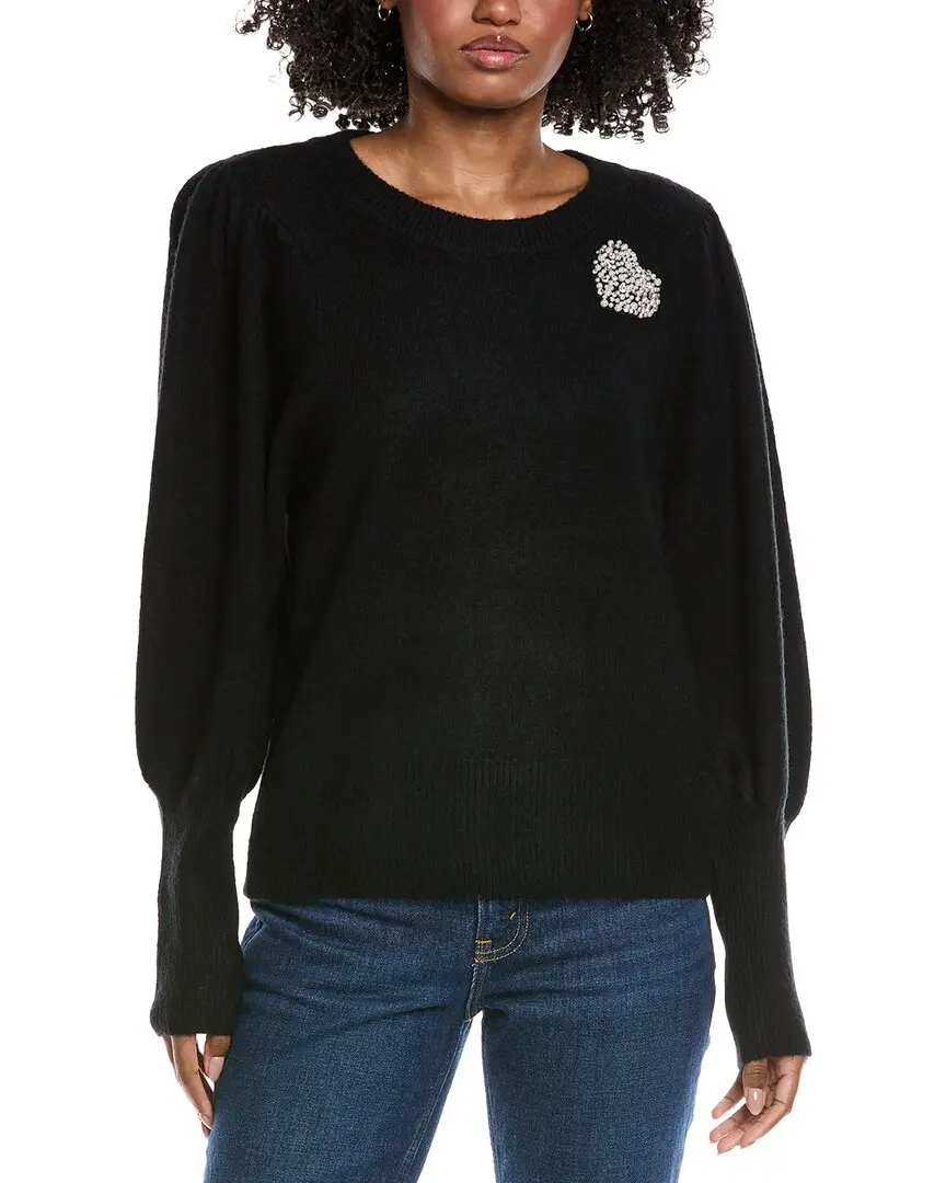 CeCe Heart Rhinestone Patch Puff Sleeve Sweater