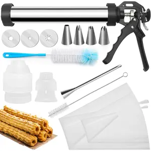 Churro Maker Machine,  Churro Maker Kits Including Stainless Steel Churro Maker, Piping Bag with Churro Piping Tip, 4 Nozzles, 2 Brushes, 3 Discs for Homemade Different Shape Churros, Cookie