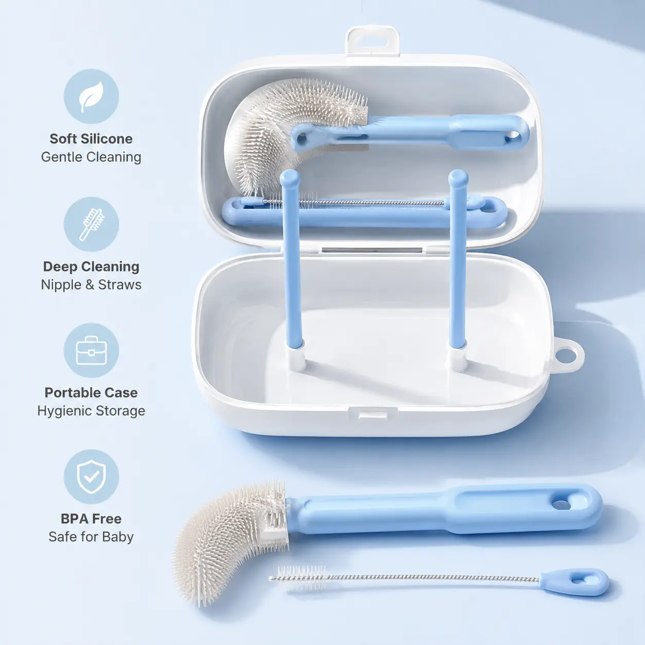 1 Count, Bottle Cleaning Brush Set with Silicone Bristles, Nylon Straw Brush, Draining Rack and Storage Case for Cleaning Nipples, Straws and Drinking Containers