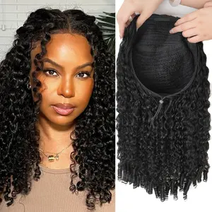 Burmese Curly Half Wigs with Drawstring And Spiral End,200% Density Wear And Go Glueless Wigs Curly Human Hair 3 In 1 Half Wig for Women,Wet And Wavy Water Wave Human Hair, Black(14 Inch)