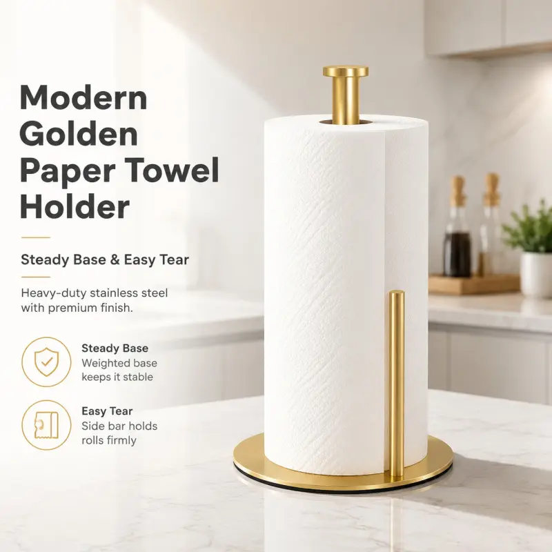 This gold-plated metal tissue holder is a modern countertop and Bathroom Accessories Organizer with a non-slip base, allowing for easy one-handed tearing. It's suitable for kitchens, bathrooms, dining rooms, and Bathroom Necessities.
