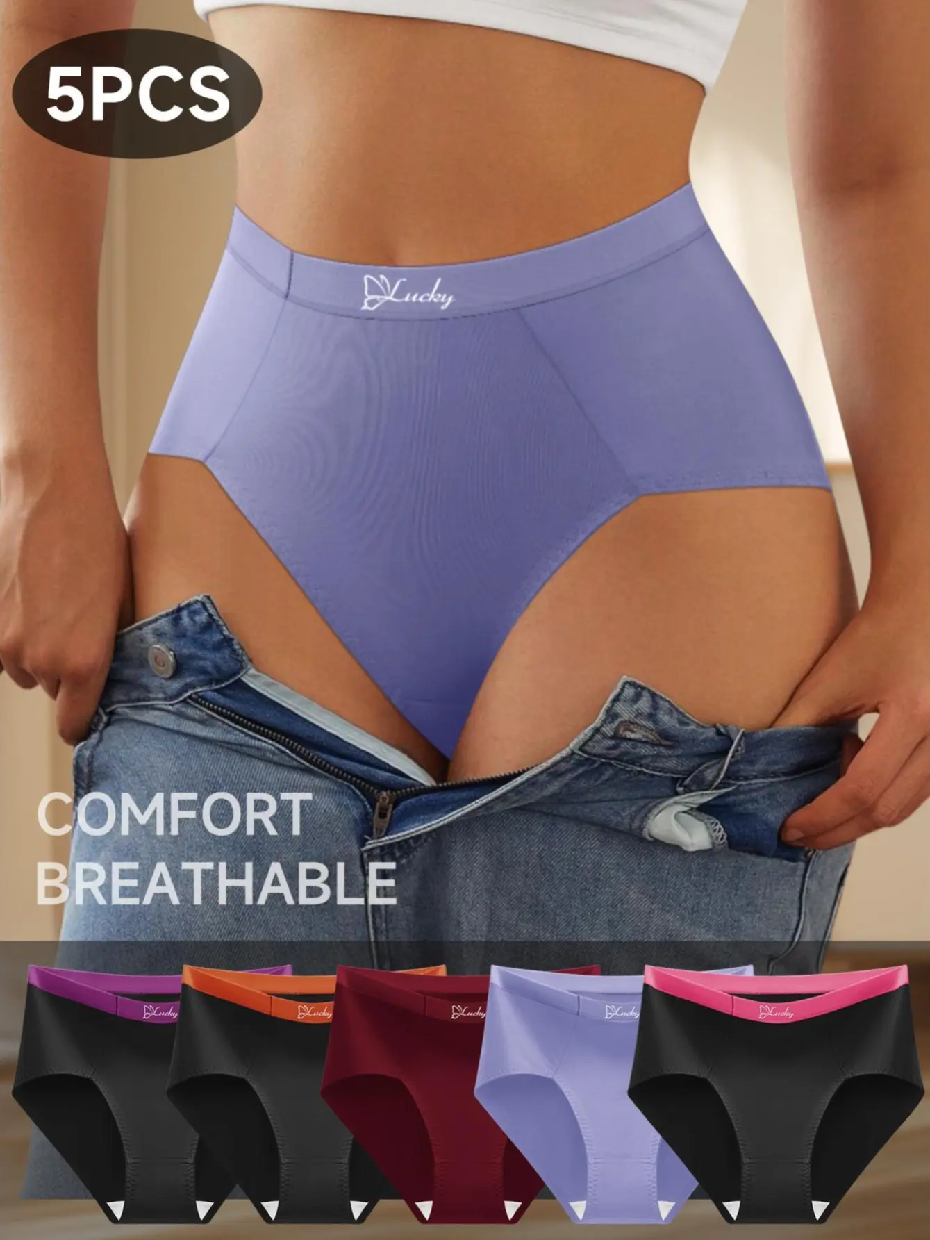 QUASTI 5 Pack No Trace Mid-Waist Hipster Underwear, Silky Smooth Minimalist Comfort Letter Print Briefs with Colorblock Stretchy Waistband, Breathable Lightweight Full Coverage Lady Panties, Fashion Comfy Basic Everyday Wear for Women, S-XXL