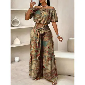 Women's Summer Paisley Print Vintage Aesthetic Vacation Two-Piece Set, Off-Shoulder Bubble Sleeve Crop Top + High Waist Drawstring Wide Leg Pants