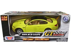 BMW M3 Coupe Neon Yellow with Matt Black Top and Stripes "GT Racing" Series 1/24 Diecast Model Car by Motormax