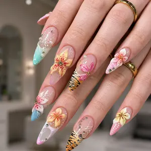 Flower Colorful Handmade Press On Nails Set 10PCS, Acrylic Art, Salon, Glossy Gel Design, Trendy Birthday Gift For Her Party