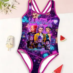Girls Kpop Series One-Piece Swimsuit, Neon Heart Dual Image Huntrix Theme Girl Group Cartoon Print Fashion Swimwear, Fitted Design, Back Cross Strap Beach Vacation New